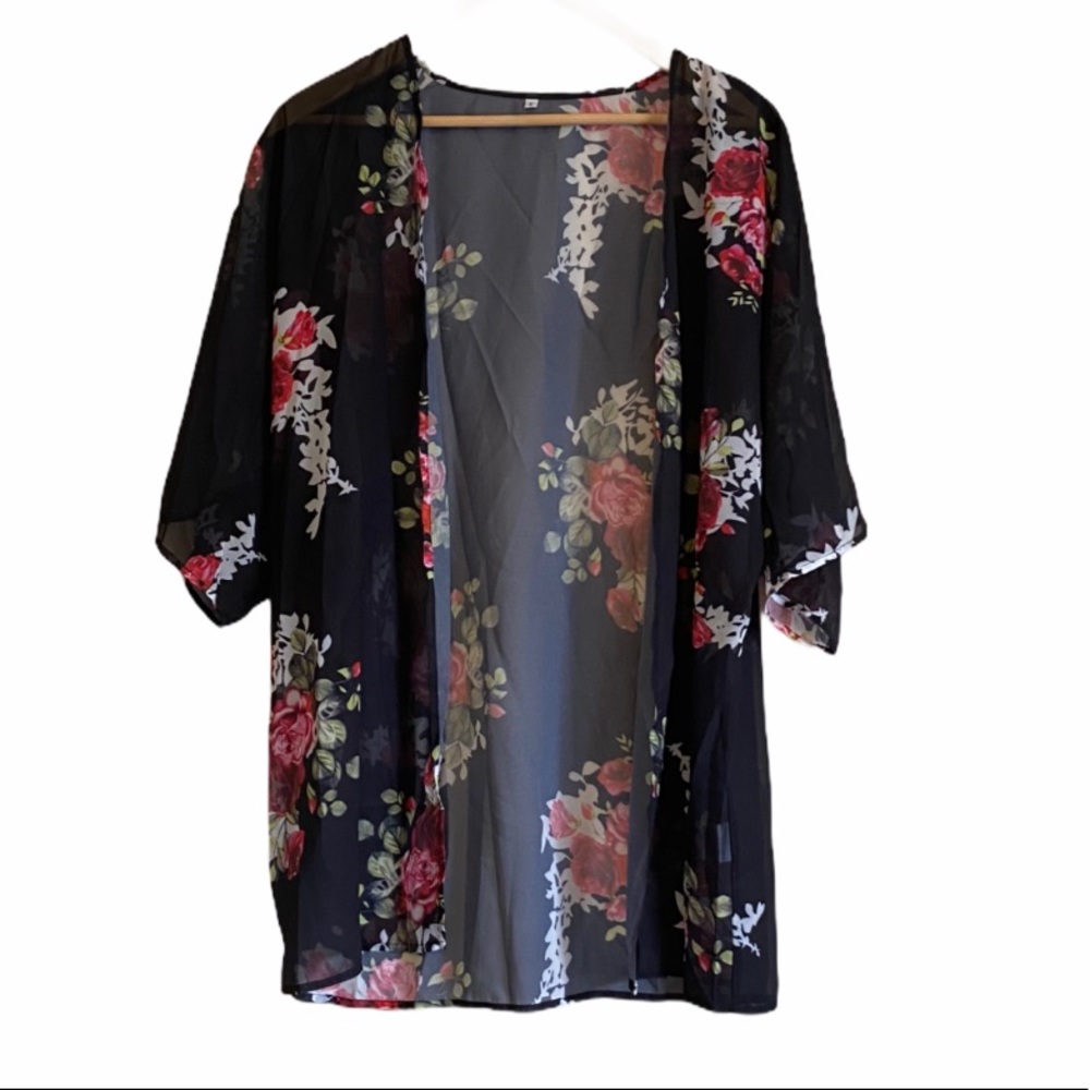 FINALSALE Black Floral Coverup Kimono